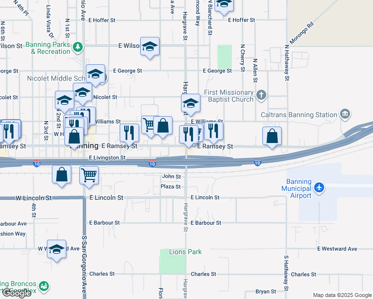 map of restaurants, bars, coffee shops, grocery stores, and more near 2 North Hargrave Street in Banning