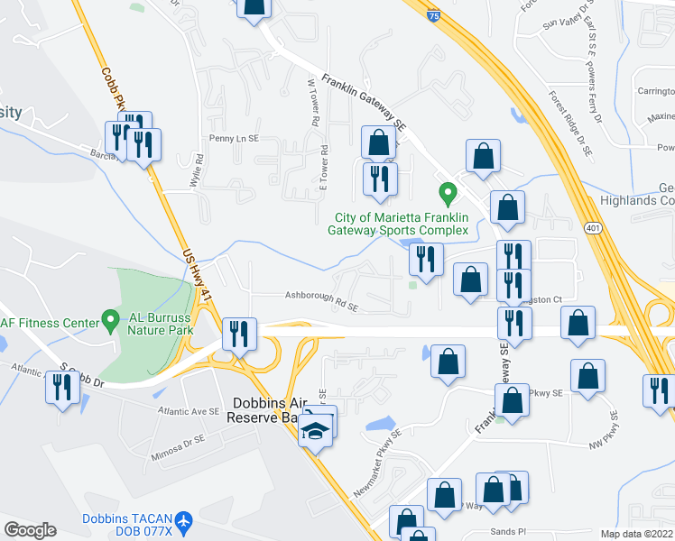 map of restaurants, bars, coffee shops, grocery stores, and more near 1809 Ashborough Circle in Marietta