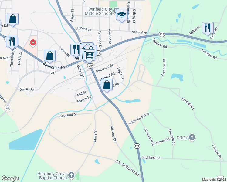 map of restaurants, bars, coffee shops, grocery stores, and more near 198 Foothill Road in Winfield