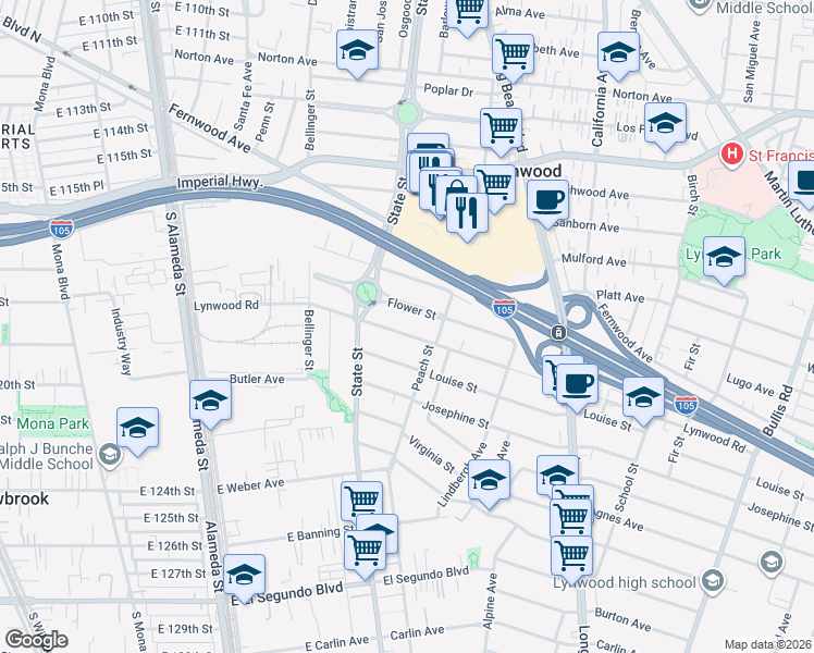 map of restaurants, bars, coffee shops, grocery stores, and more near 3155 Lynwood Road in Lynwood
