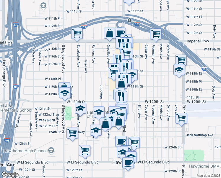 map of restaurants, bars, coffee shops, grocery stores, and more near 11924 Grevillea Avenue in Hawthorne