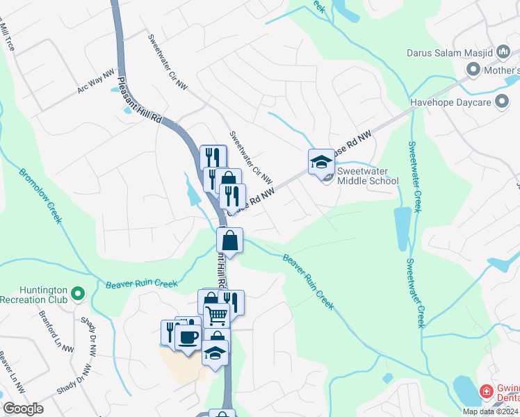 map of restaurants, bars, coffee shops, grocery stores, and more near 885 Cainbridge Drive in Lawrenceville