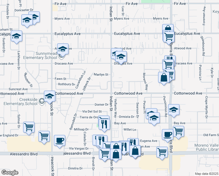 map of restaurants, bars, coffee shops, grocery stores, and more near 24573 Oneida Street in Moreno Valley