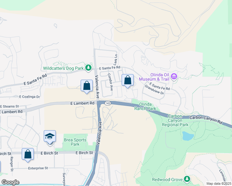 map of restaurants, bars, coffee shops, grocery stores, and more near 427 Redtail Drive in Brea