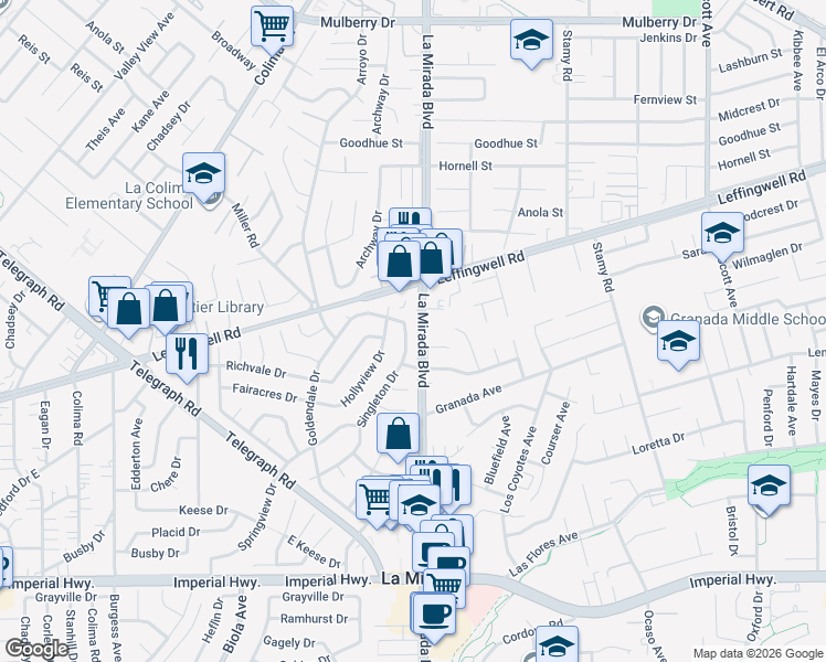 map of restaurants, bars, coffee shops, grocery stores, and more near 11634 Singleton Drive in La Mirada