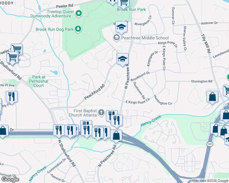 map of restaurants, bars, coffee shops, grocery stores, and more near 2168 N Forest Trail in Dunwoody