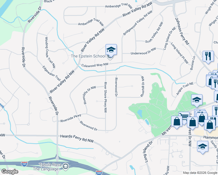 map of restaurants, bars, coffee shops, grocery stores, and more near 6235 River Shore Parkway Northwest in Atlanta