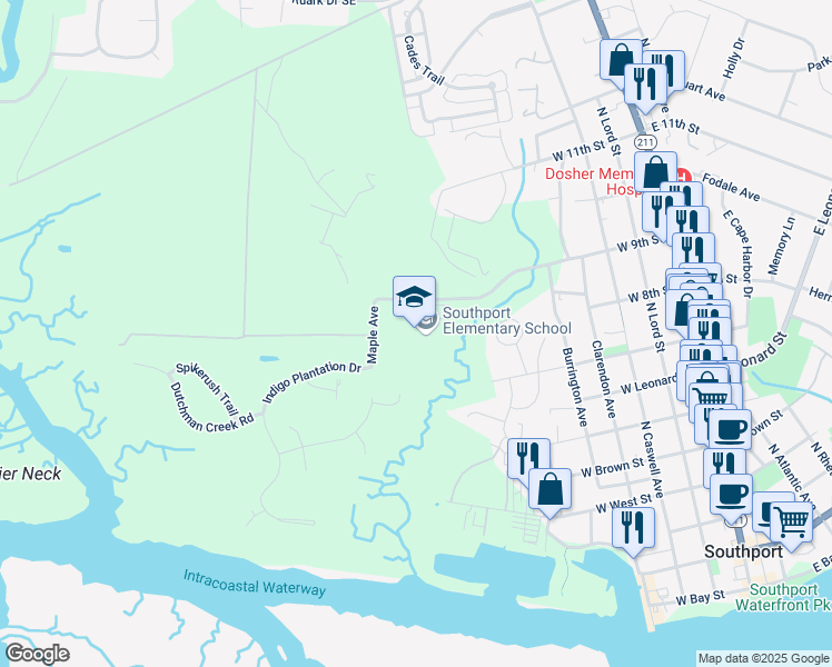 map of restaurants, bars, coffee shops, grocery stores, and more near 701 West 9th Street in Southport