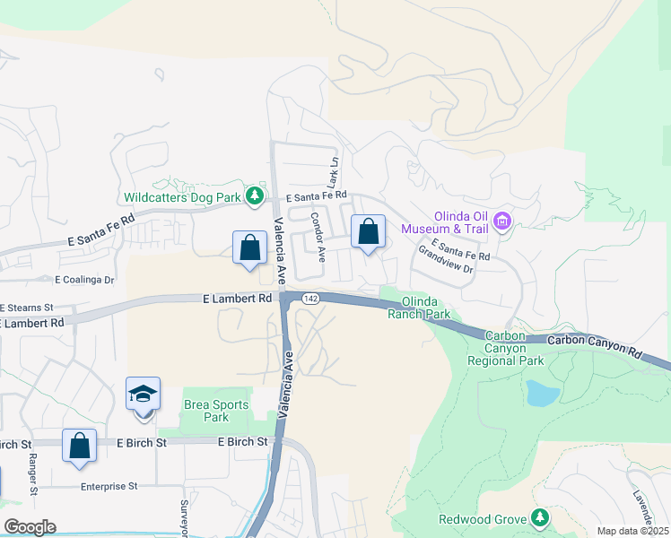 map of restaurants, bars, coffee shops, grocery stores, and more near 427 Redtail Drive in Brea