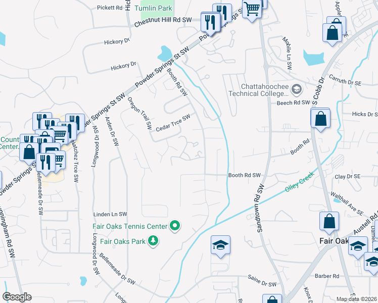 map of restaurants, bars, coffee shops, grocery stores, and more near 554 Picketts Bend Circle in Marietta