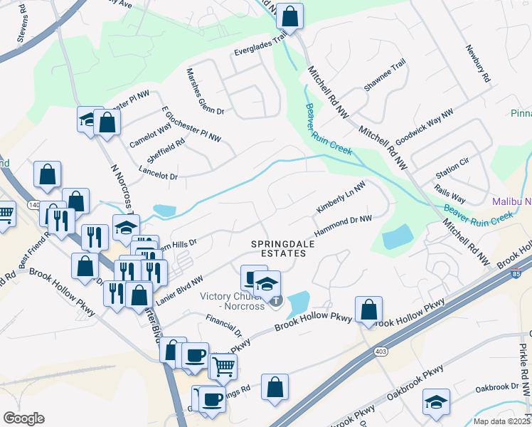 map of restaurants, bars, coffee shops, grocery stores, and more near 5807 Western Hills Drive in Norcross