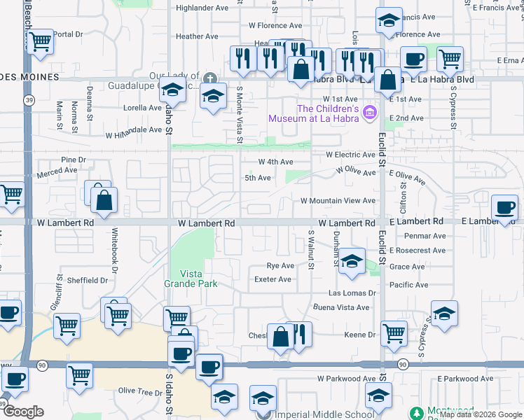 map of restaurants, bars, coffee shops, grocery stores, and more near 1001 West Lambert Road in La Habra