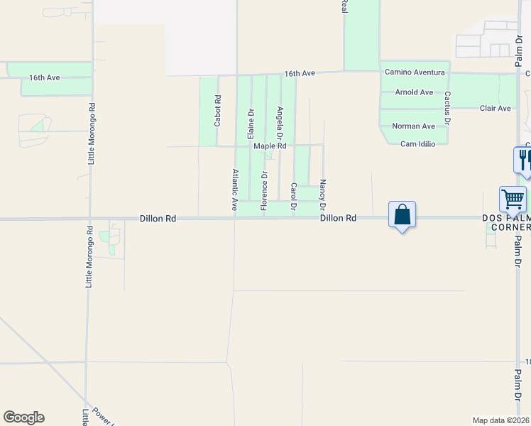 map of restaurants, bars, coffee shops, grocery stores, and more near 65610 Sycamore Road in Desert Hot Springs