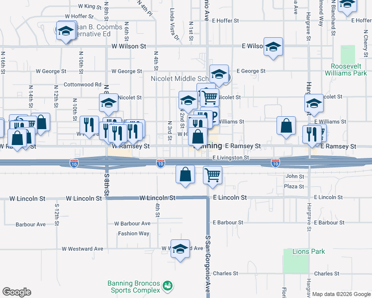 map of restaurants, bars, coffee shops, grocery stores, and more near 170 West Ramsey Street in Banning