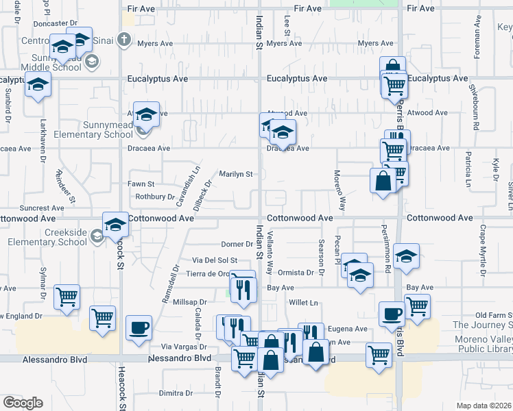 map of restaurants, bars, coffee shops, grocery stores, and more near 24573 Oneida Street in Moreno Valley