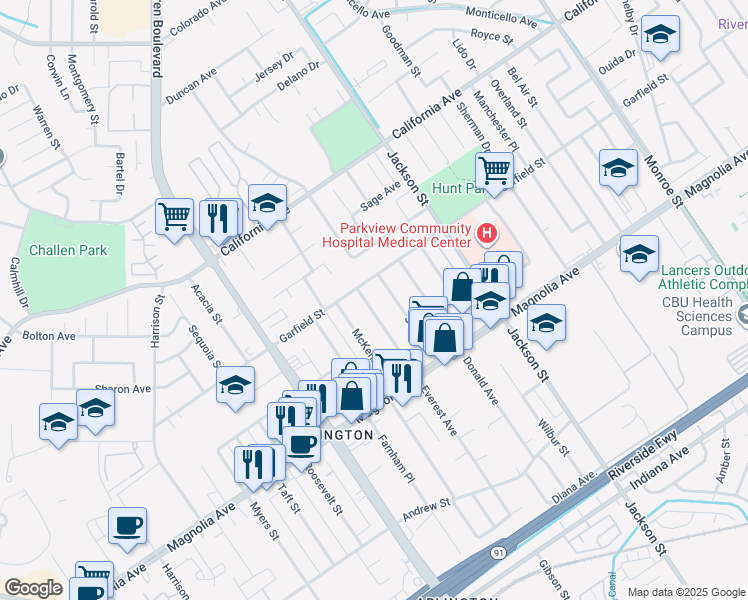 map of restaurants, bars, coffee shops, grocery stores, and more near 3967 Stotts Street in Riverside