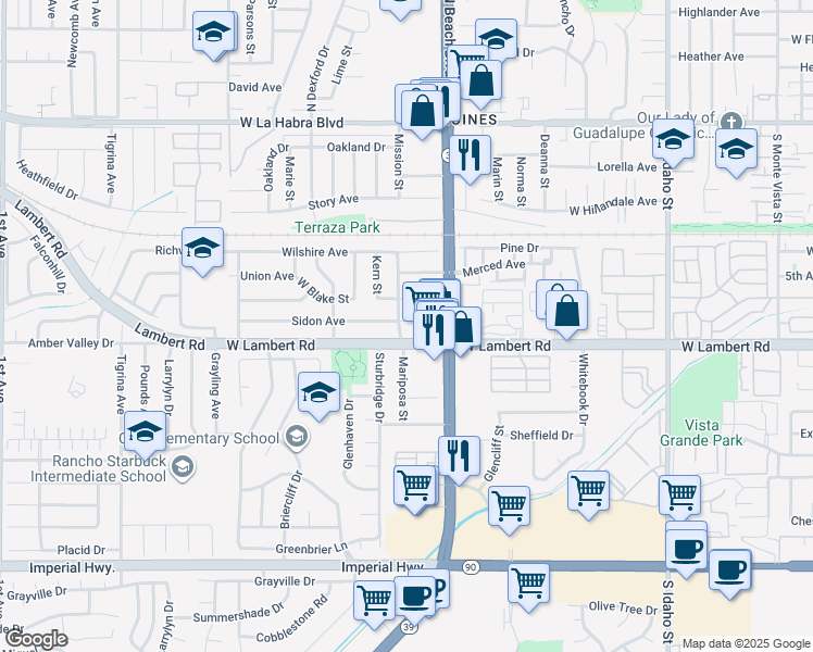map of restaurants, bars, coffee shops, grocery stores, and more near 2101 Sidon Avenue in La Habra