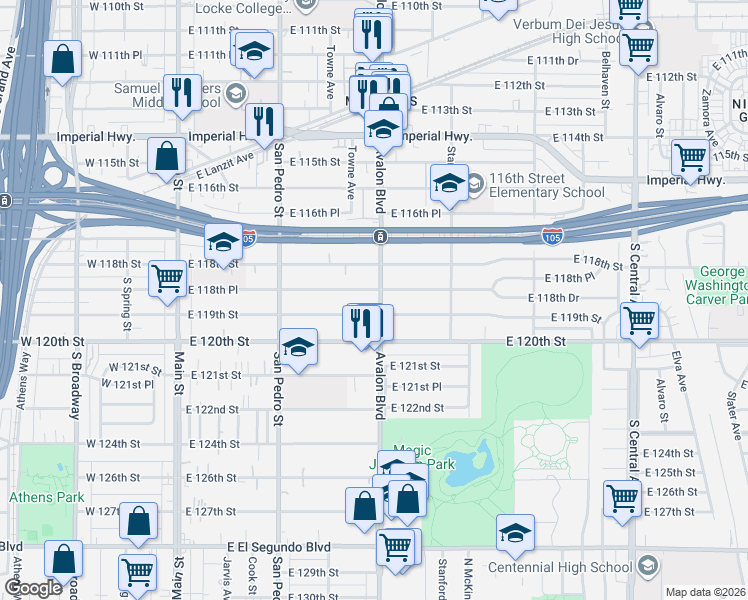 map of restaurants, bars, coffee shops, grocery stores, and more near 444 East 118th Place in Los Angeles