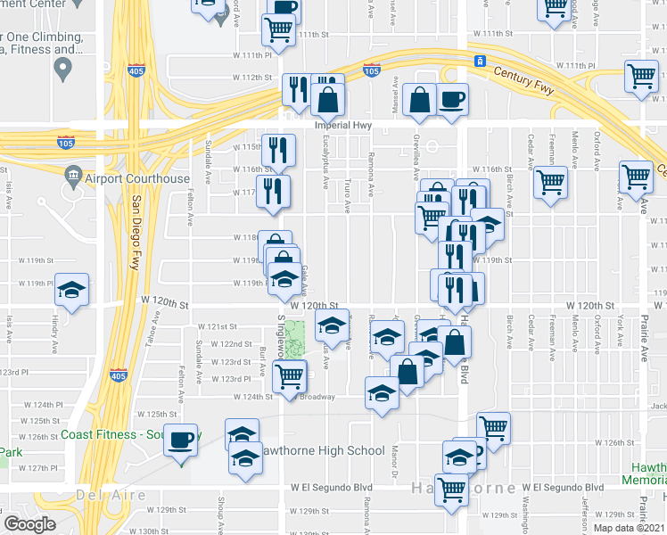 map of restaurants, bars, coffee shops, grocery stores, and more near 11904 Eucalyptus Avenue in Hawthorne