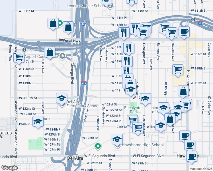 map of restaurants, bars, coffee shops, grocery stores, and more near 4940 West 119th Street in Hawthorne