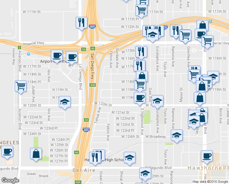 map of restaurants, bars, coffee shops, grocery stores, and more near 4940 West 119th Street in Hawthorne