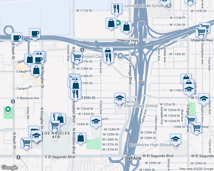 map of restaurants, bars, coffee shops, grocery stores, and more near 5355 West 119th Street in Inglewood