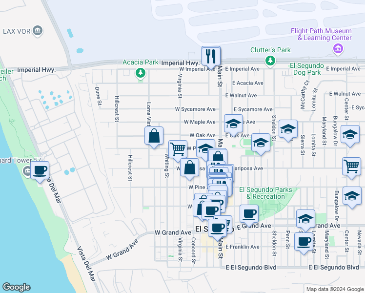 map of restaurants, bars, coffee shops, grocery stores, and more near 712 Virginia Street in El Segundo