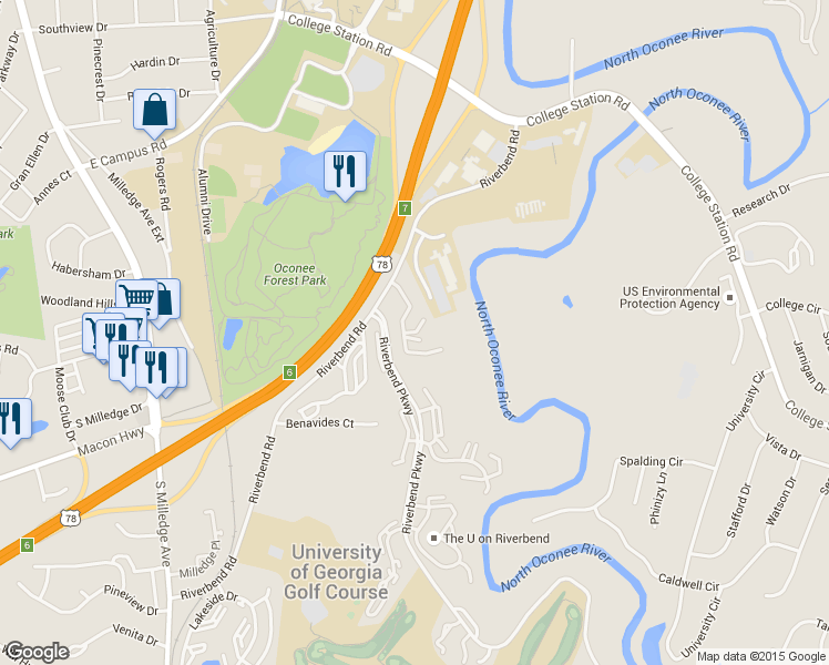 map of restaurants, bars, coffee shops, grocery stores, and more near 355 Riverbend Parkway in Athens