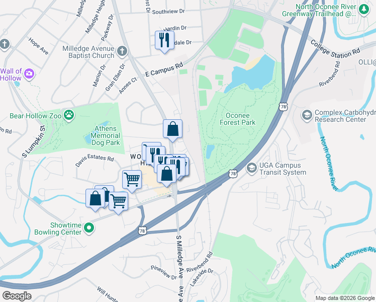 map of restaurants, bars, coffee shops, grocery stores, and more near 1738 Milledge Avenue Extension in Athens