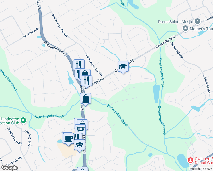 map of restaurants, bars, coffee shops, grocery stores, and more near 884 Cainbridge Drive in Lawrenceville