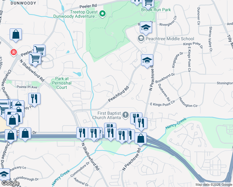 map of restaurants, bars, coffee shops, grocery stores, and more near 105 Dunbar Drive in Dunwoody