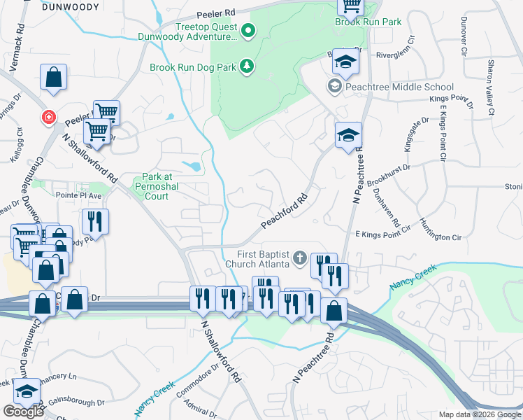 map of restaurants, bars, coffee shops, grocery stores, and more near 4410 Chowning Way in Dunwoody