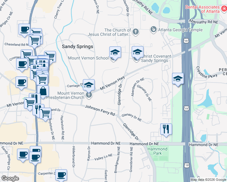 map of restaurants, bars, coffee shops, grocery stores, and more near 6200 Glen Oaks Lane Northeast in Atlanta