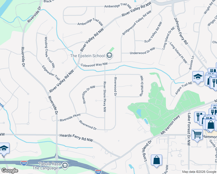 map of restaurants, bars, coffee shops, grocery stores, and more near 6235 River Shore Parkway Northwest in Atlanta