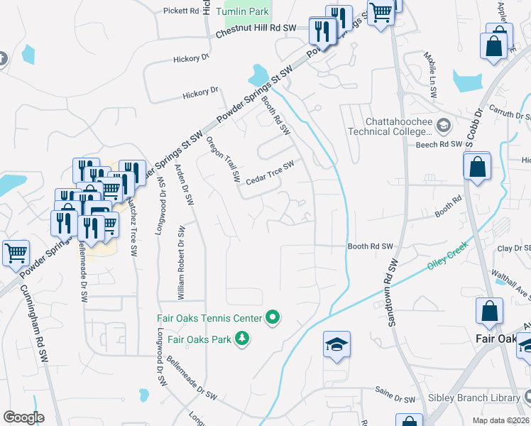 map of restaurants, bars, coffee shops, grocery stores, and more near 1142 Cayman Lane Southwest in Marietta