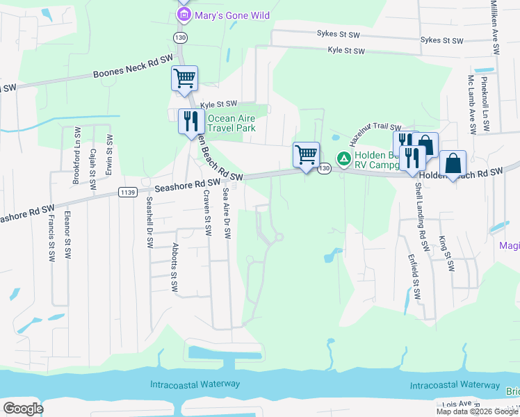 map of restaurants, bars, coffee shops, grocery stores, and more near Sable Oak Cir SW in Brunswick