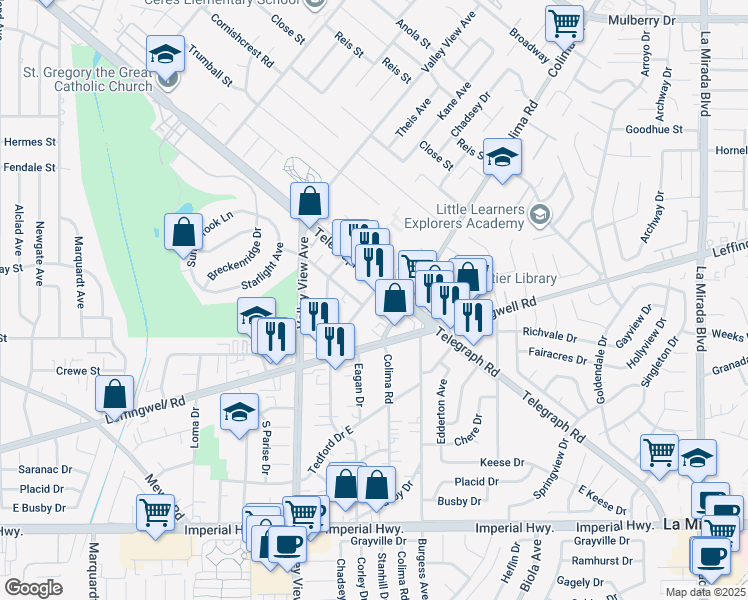 map of restaurants, bars, coffee shops, grocery stores, and more near 11616 Corley Drive in Whittier