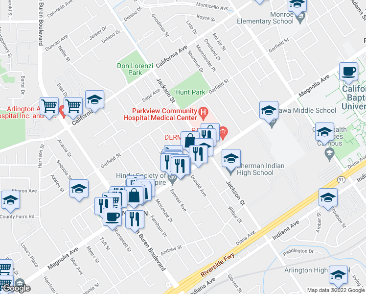 map of restaurants, bars, coffee shops, grocery stores, and more near 3878 Lafayette Street in Riverside