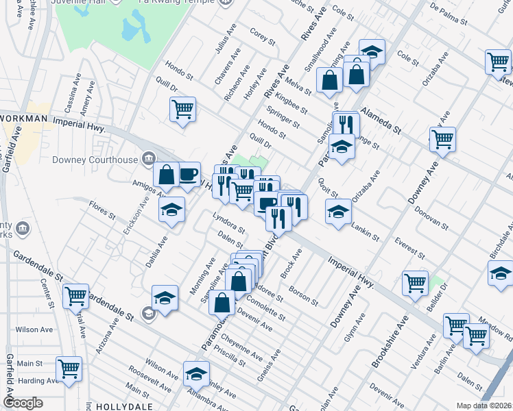 map of restaurants, bars, coffee shops, grocery stores, and more near 7911 Imperial Highway in Downey