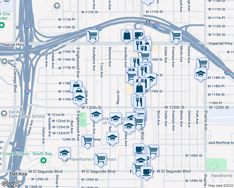 map of restaurants, bars, coffee shops, grocery stores, and more near 11915 Manor Drive in Hawthorne