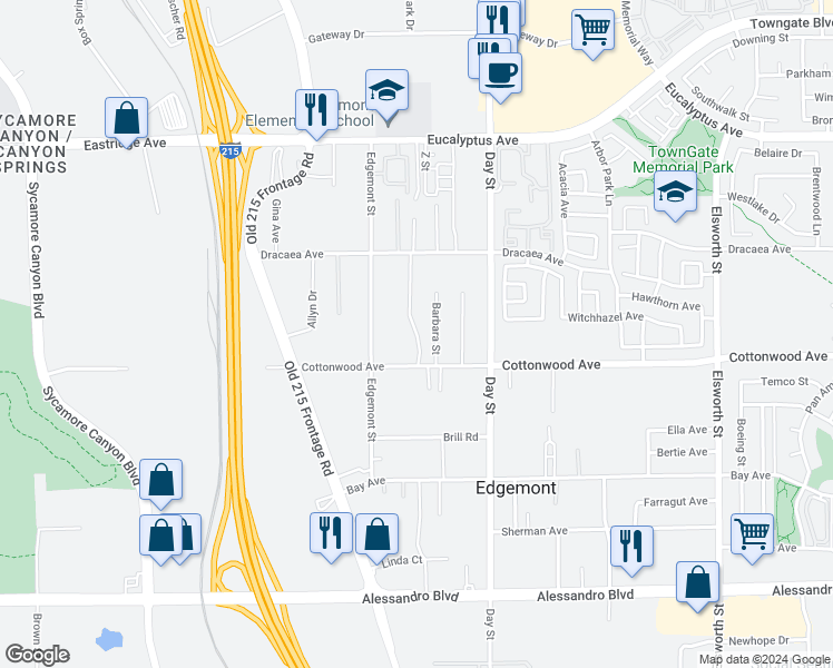 map of restaurants, bars, coffee shops, grocery stores, and more near 21840 Cottonwood Avenue in Moreno Valley