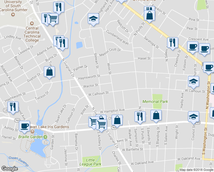 map of restaurants, bars, coffee shops, grocery stores, and more near 10 Wactor Street in Sumter