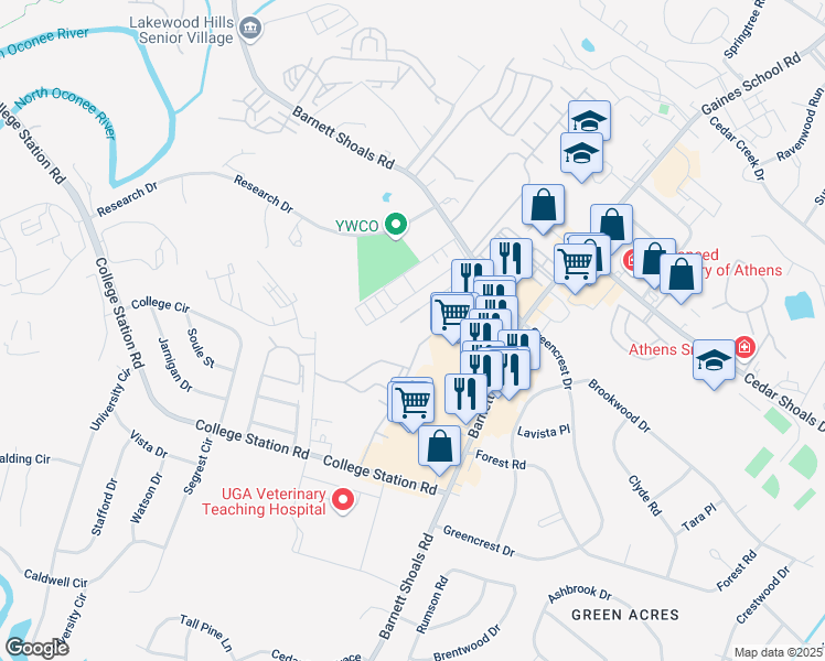 map of restaurants, bars, coffee shops, grocery stores, and more near 175 Dennis Drive in Athens