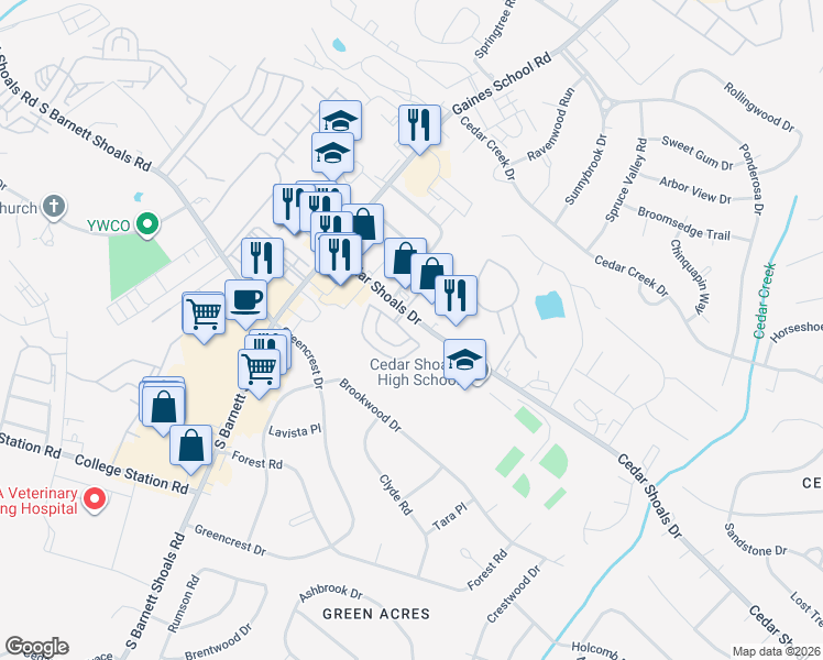 map of restaurants, bars, coffee shops, grocery stores, and more near 256 Scandia Circle in Athens