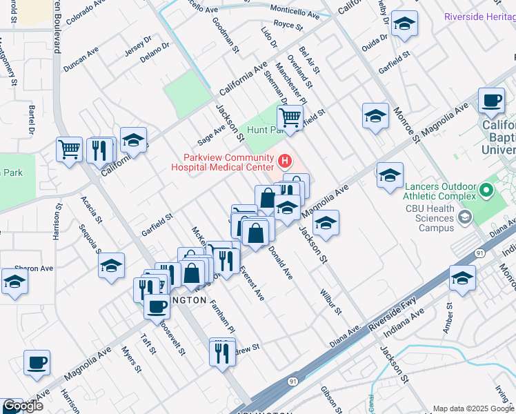 map of restaurants, bars, coffee shops, grocery stores, and more near 3878 Lafayette Street in Riverside