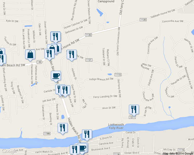 map of restaurants, bars, coffee shops, grocery stores, and more near 1112 Indigo Branch Road Southwest in Supply