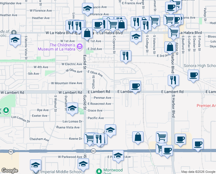 map of restaurants, bars, coffee shops, grocery stores, and more near 615 South Cypress Street in La Habra