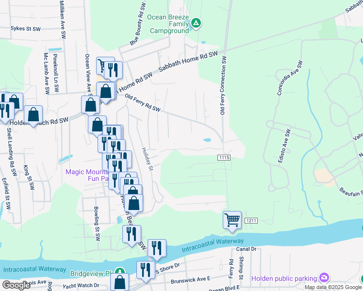 map of restaurants, bars, coffee shops, grocery stores, and more near 1116 Indigo Branch Road Southwest in Brunswick County