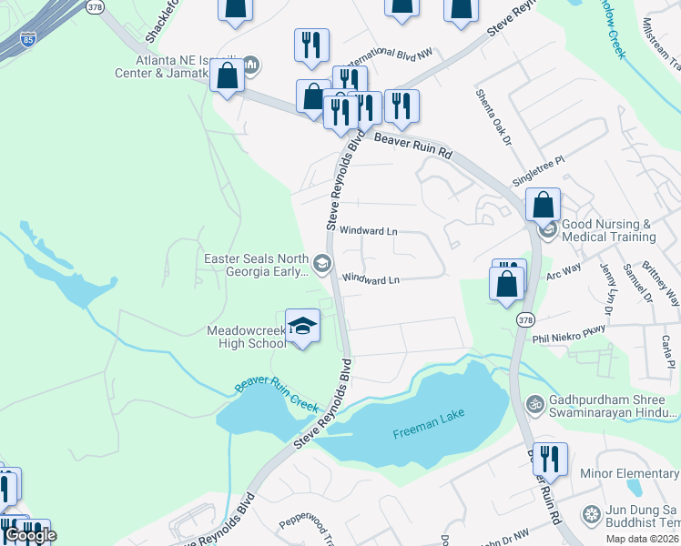 map of restaurants, bars, coffee shops, grocery stores, and more near 4151 Wind Court in Norcross