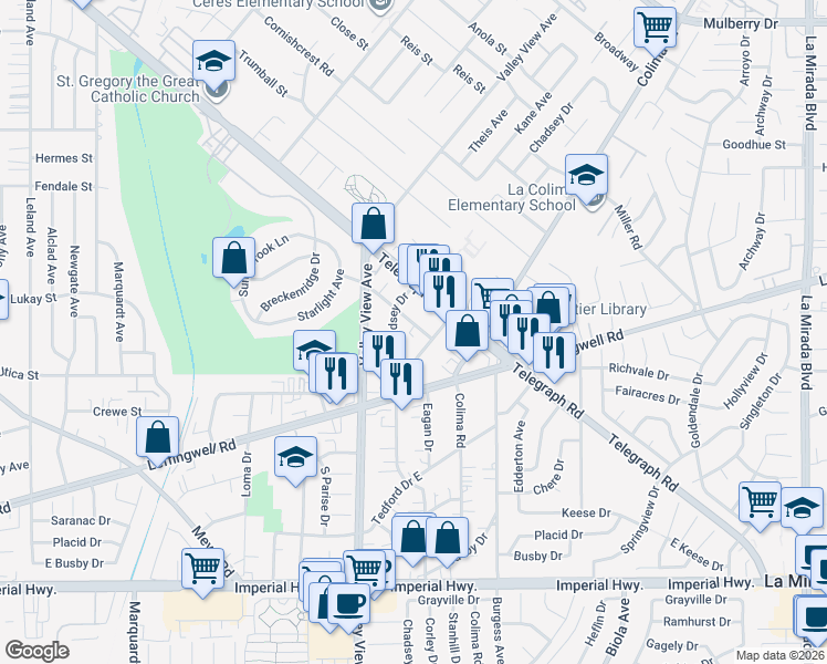 map of restaurants, bars, coffee shops, grocery stores, and more near 14332 Syracuse Street in Whittier